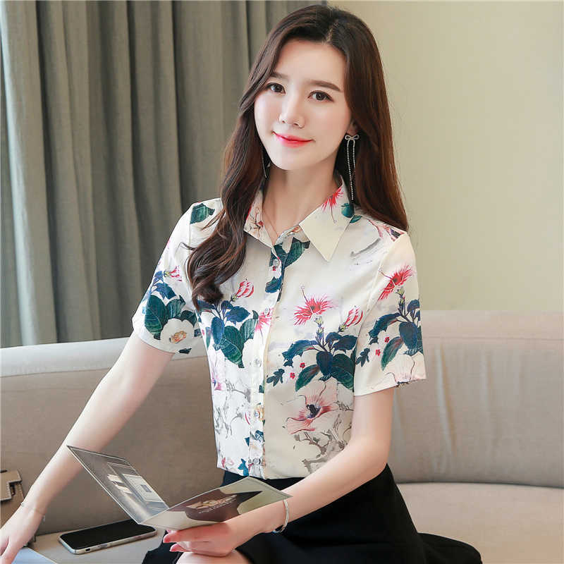 Korean Silk Shirts Women Satin Print Blouse Shirt Office Lady Floral Blouses Tops Plus Size Blusas Mujer De Moda 210531