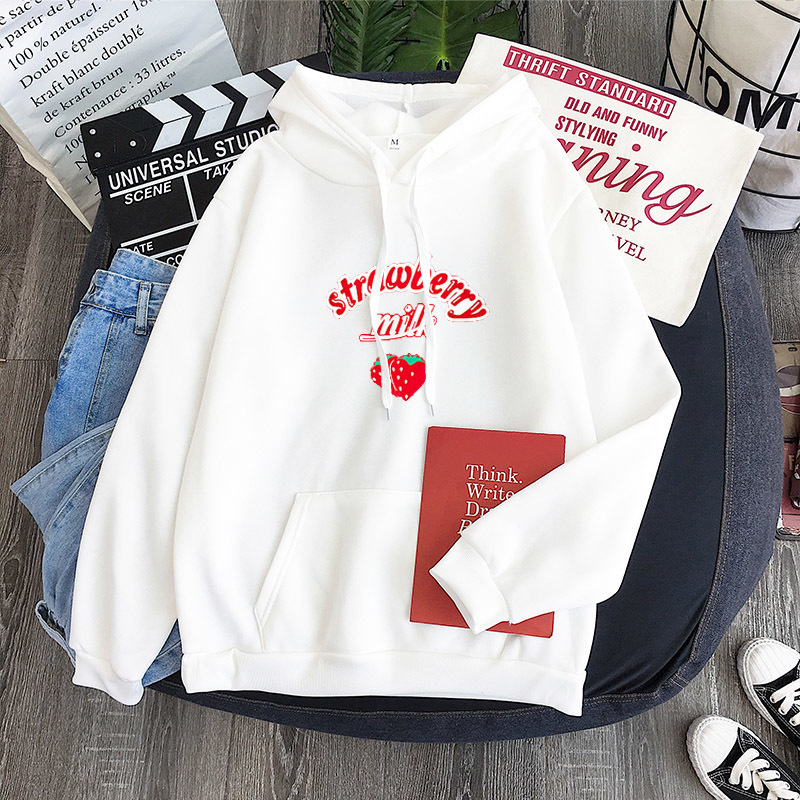 Merry Pretty Pink Cute Strawberry Hoodie Sweatshirt Harajuku Milk Graphic Hooded Pullovers School Girls Tracksuit 2XL 201216
