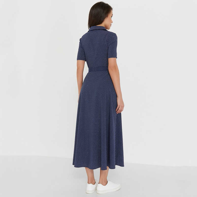 Capucines Women Dot Print Button Shirt Dress Summer Short Sleeve Turn-down Collar Belt A Line Casual Midi Dresses Vestidos 210630