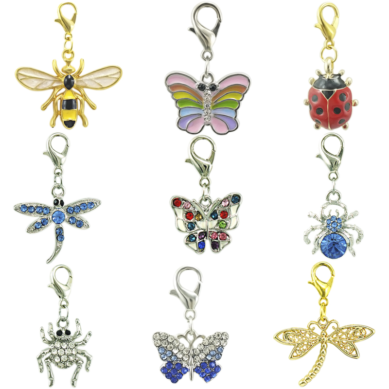 

JINGLANG Fashion Charms With Lobster Clasp Dangle Mix Color Rhinestone Dragonfly Butterfly Spider Insect Series DIY Pendants Jewelry Making Accessories