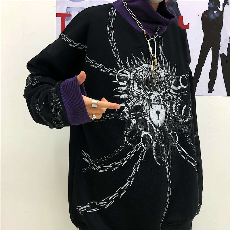 Neploe Turtleneck Plus Velet Pullover Sweatshirt Contrast Color Patchwork Tops Jumper Harajuku Print Long Sleeve Hoodies 56959 201212