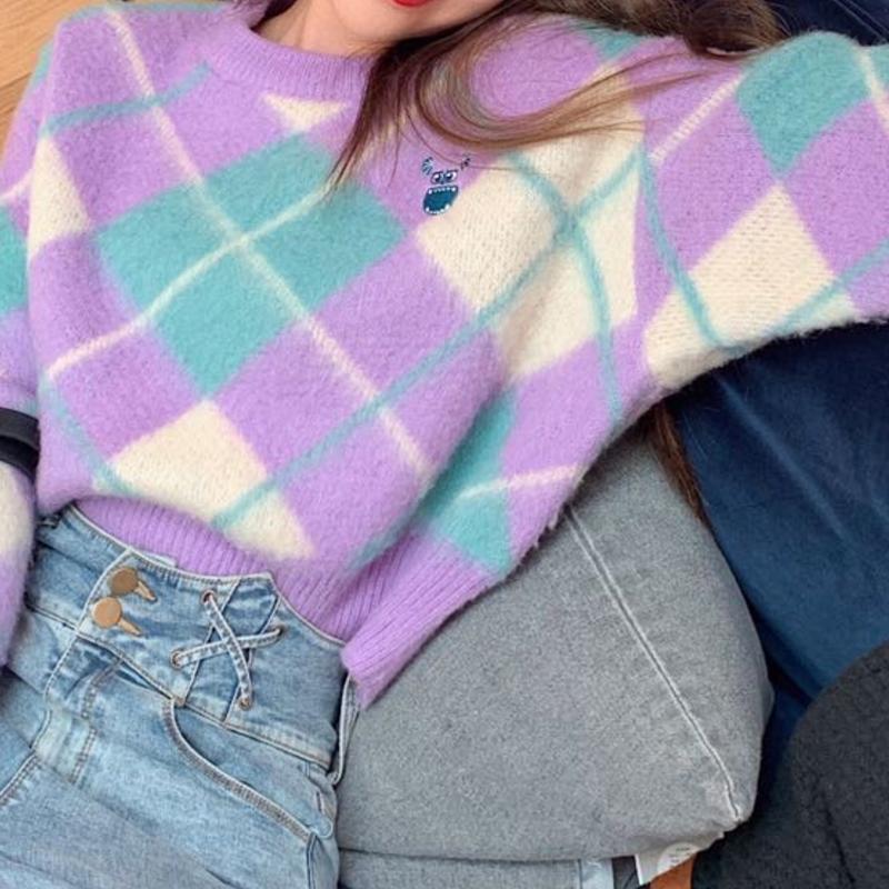 Women Cropped Sweater Vintage Argyle Pattern Pullover Knitted Top Sweet Print O-neck Long Sleeve 90s Autumn Winter Sweater Woman 210218