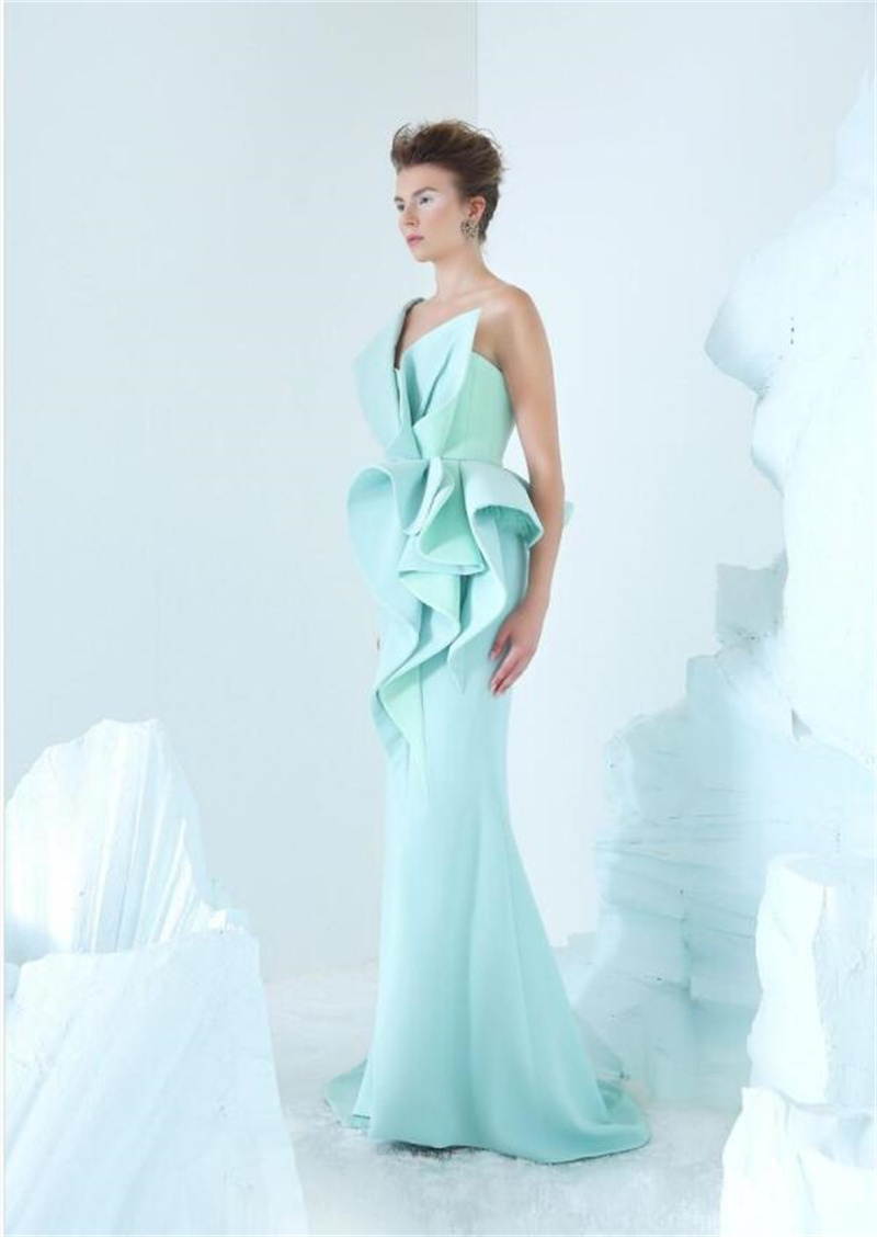 Mint Green Evening Dresses One Shoulder Ruffles Party Gowns Women Prom Dress Sleeveless Floor Length Princess Robe De Soriee