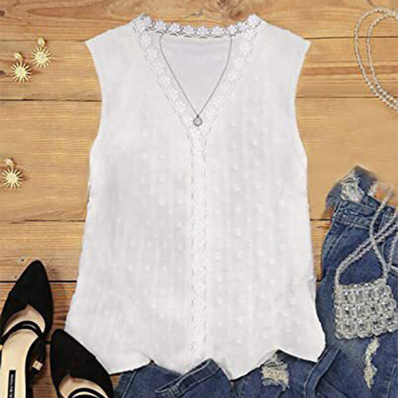 Summer Women Lace Tanks Tops Solid Color Floral V Neck Casual Loose Sleeveless Shirts Blouses