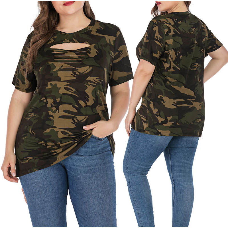 Plus Size Ripped Hollow Out Camouflage Printing Tees 3XL 4XL Women Summer Streetwear Lace Up Short Sleeve T-Shirts Tops 210306