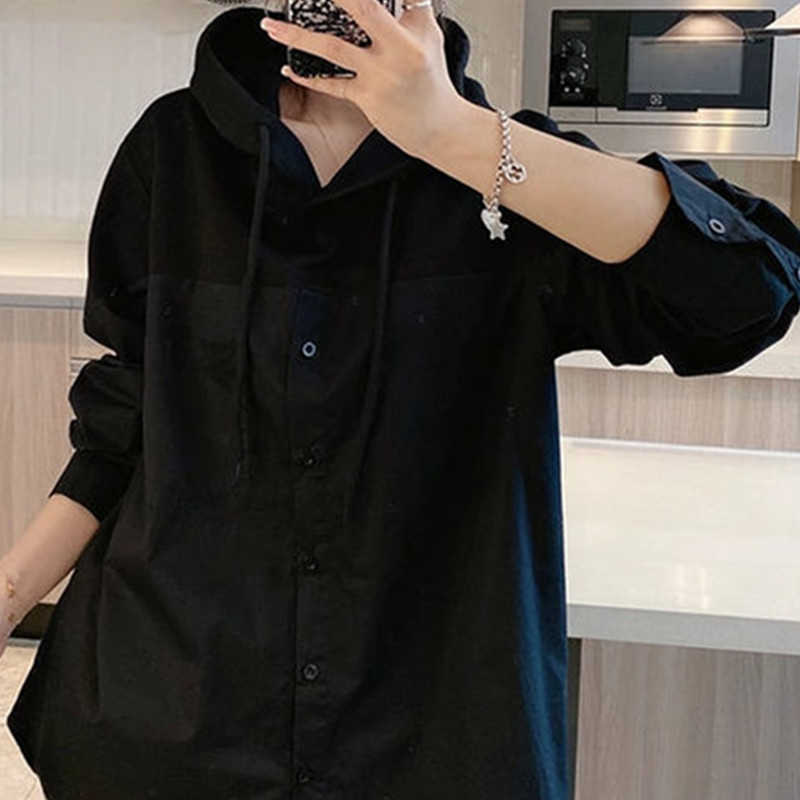 Causal Patchwork Hooded Blouse Women Spring Loose Shirt Long Sleeve Korean Blusas Mujer De Moda 6G323 210603