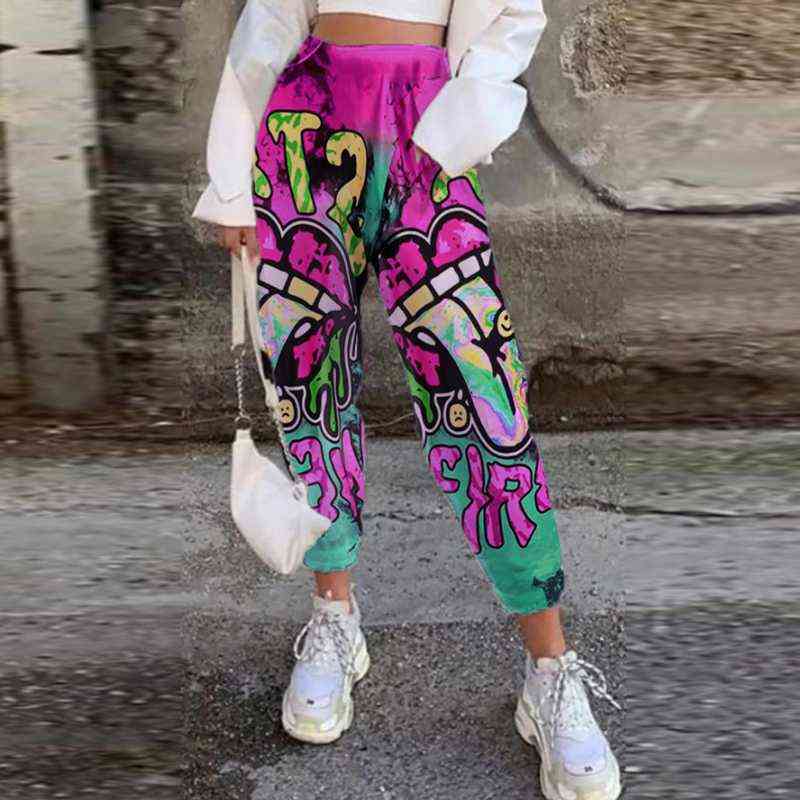 Women Casual Skull Print Patchwork Pants Autumn Elastic Waist Pocket Wide Leg Female Streetwear Plus Size Warm Sweatpants 211115