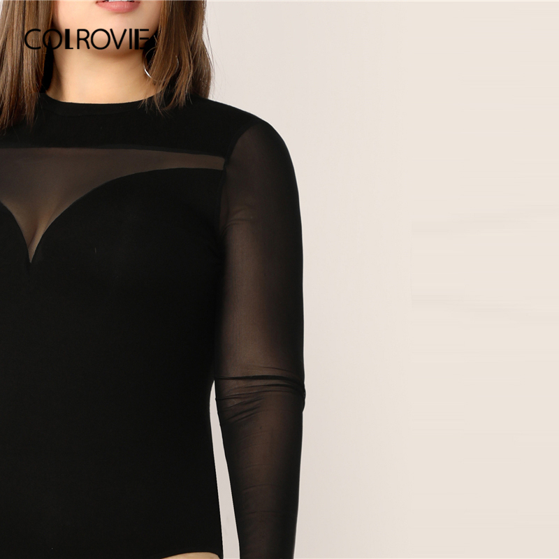 COLROVIE Plus Black Sheer Yoke Keyhole Back Sweetheart Bodysuit Women Solid Bodysuit Fall Sexy Elegant Skinny Bodysuits 201007