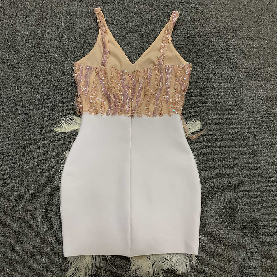 Summer Fashion Women Sequin Feather Dress Sexy V-Neck Sleeveless Leotard Mini Party Vestidos 210527