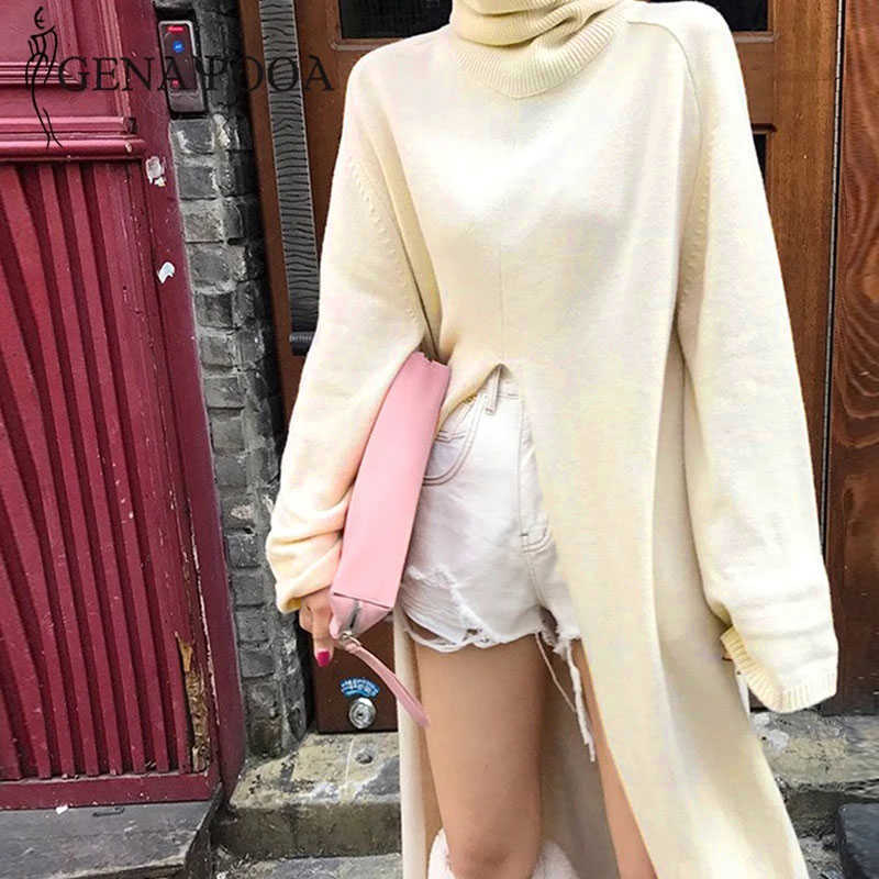 Genayooa Womens Turtleneck Pullover Sweater Long Sleeve Vintage Loose Knit Sweater Split Solid Long Jumper Ladies Korean Style 210918