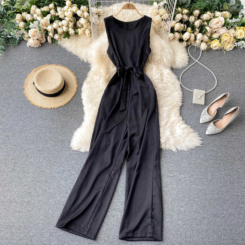Korean Overalls Women's Fashion Round Neck Bandage Long Sleeve OL High Waist Casual Wide Leg Jumpsuits P745 210527