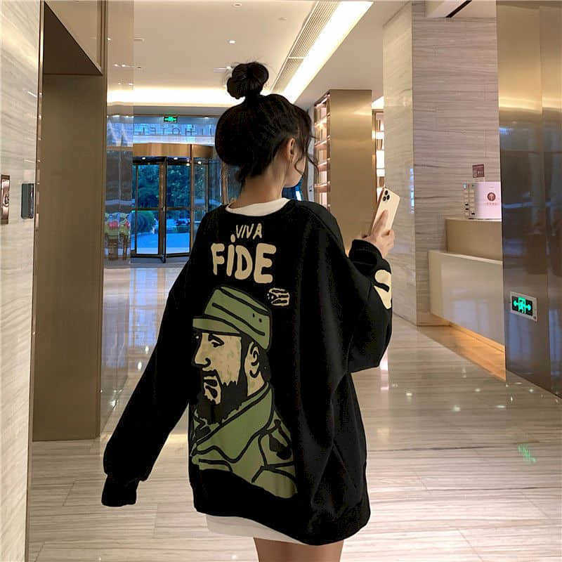 Plus Size Women's Sweatshirt Comic Print Korean Version Loose Belly Covering Velvet Thick Oversize Personality O-neck top 210526