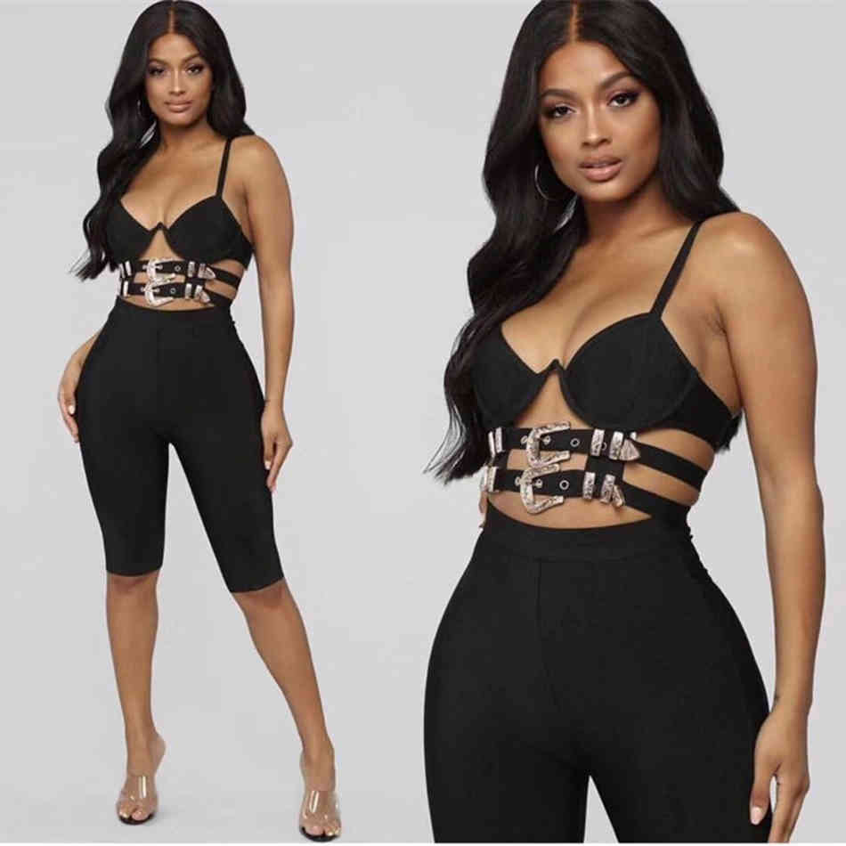 Ladies Sexy Bodycon Bandage Camisole Top Hollow Sleeveless Metal Belt Buckle Decorative Black 210525
