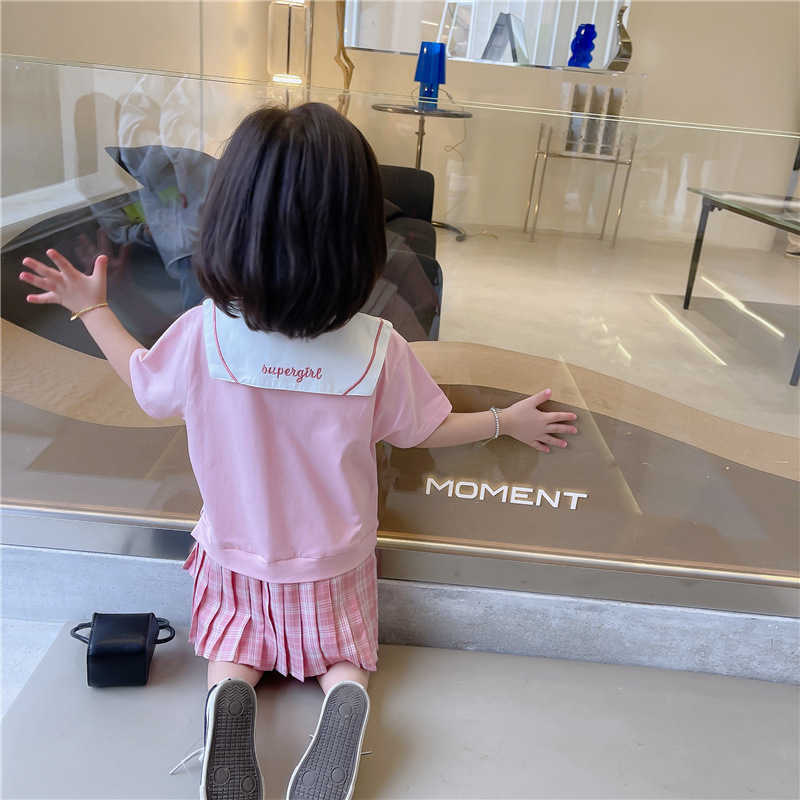 School Girls Stylish Toddler Girl Summer Clothes Fashion Preppy Tops and Plaid Pleated Skirt Clothing Set 2pcs 210529