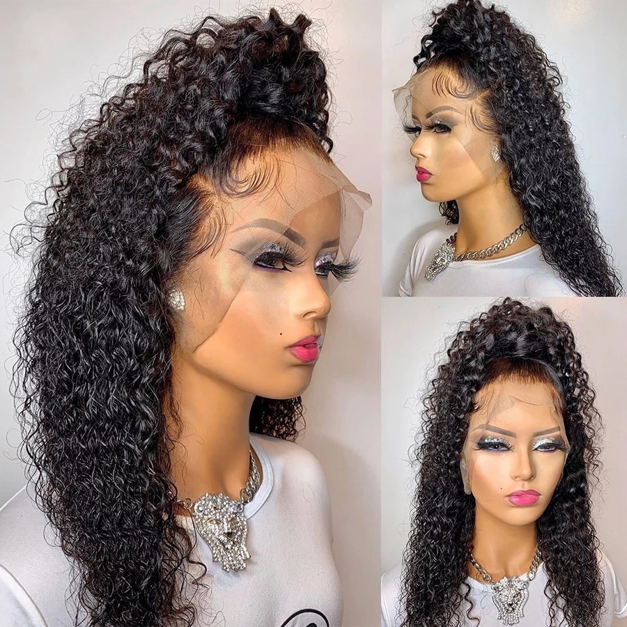 13x4 Transparent 360 Lace Brazilian Kinky Curly Frontal Synthetic Wigs With Baby Hair For Black Women 250 Density