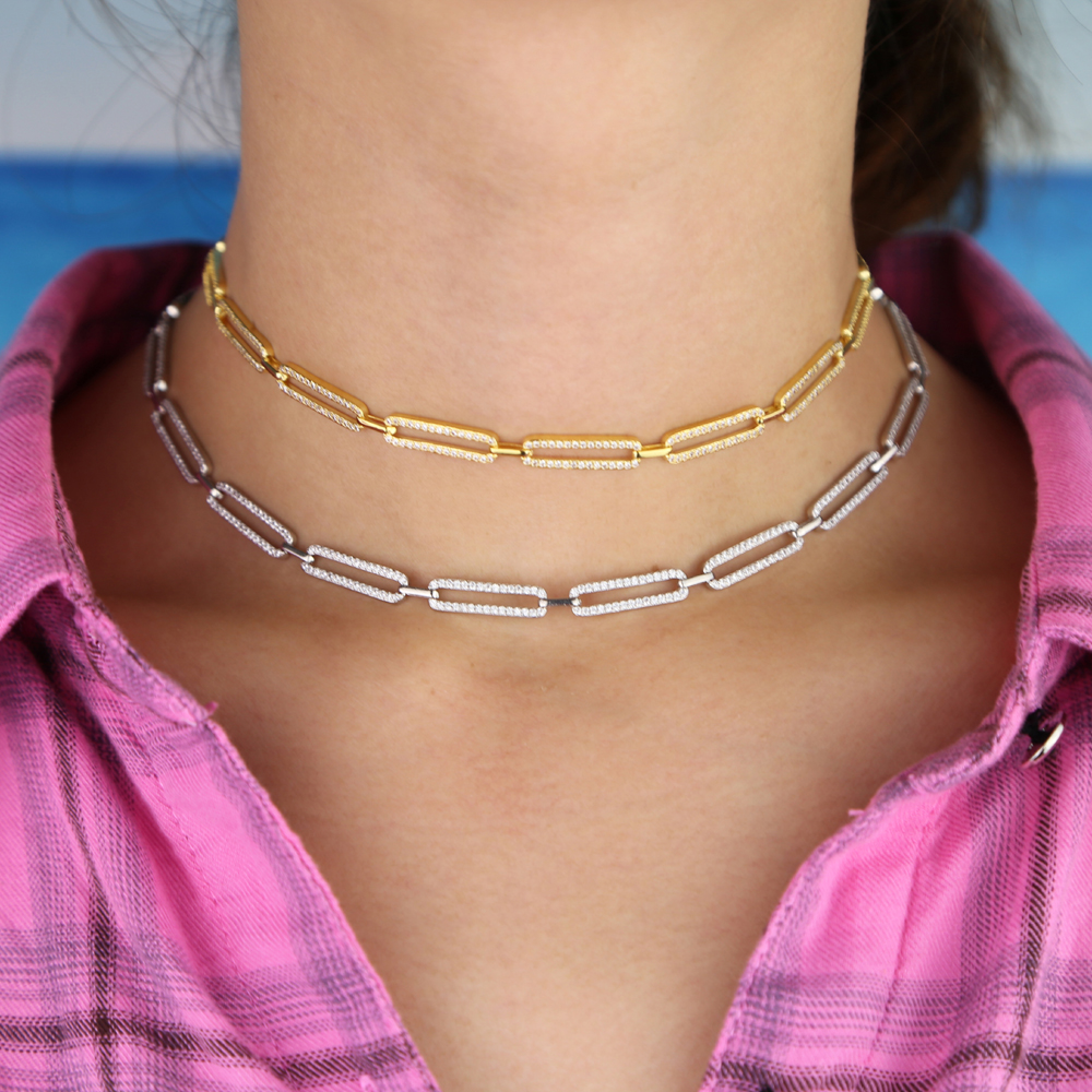 Iced out Pin link charm tennis chain choker necklace for women Gold Rock Hiphop curb cuban chain jewelry
