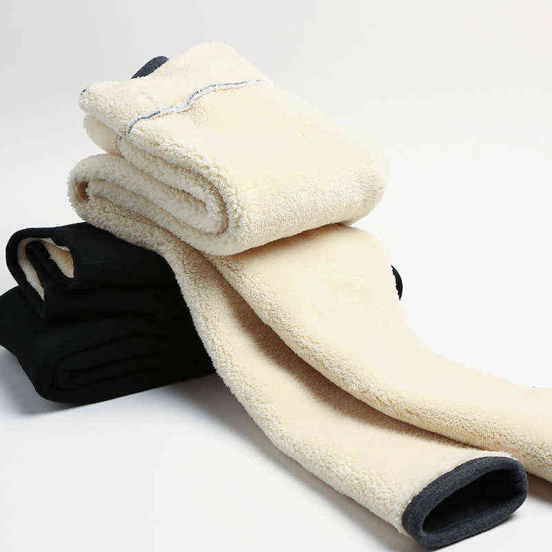 Winter Warm Leggings Velvet Wool Fleece Girls Skinny Women Trousers High Waist Cashmere Pants Black Plus Size 211204