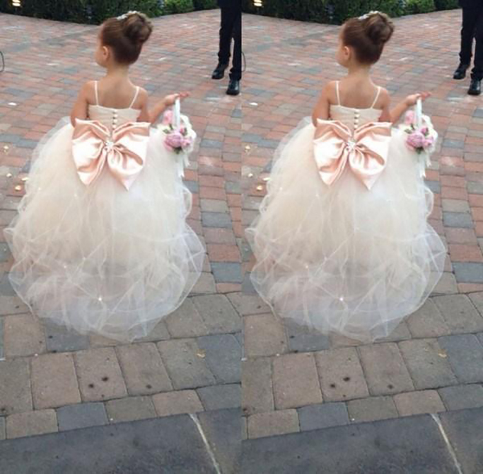 Pageant Dresses For Girls Spaghetti Rhinestone Flower Girl Dresses Big Bow Kids Ball Gowns Wedding Dress Sash Tulle Beading Belt