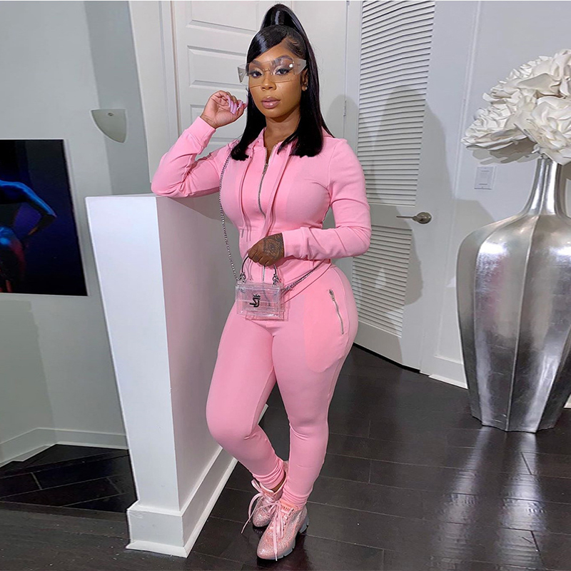 HAOYUAN Sexy Two Piece Set Jumpsuit Long Sleeve Hoodies Top+Zip Pocket Pants Suit Tracksuit Fall Women Clothing Matching Outfits 201007