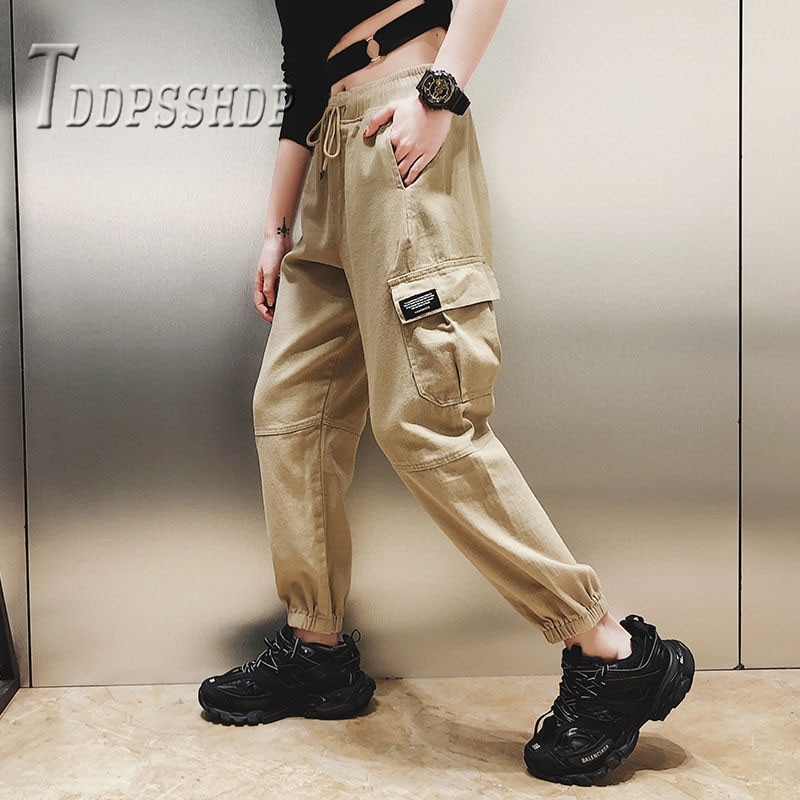 Pants Cotton Cargo High Waist Spring Pink Khaki Black Female Trousers T200324
