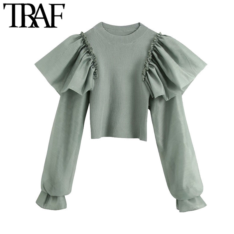 TRAF Women Fashion With Ruffled Stretch Slim Cropped Knitted Blouses Vintage O Neck Long Sleeve Female Shirts Chic Tops 210225