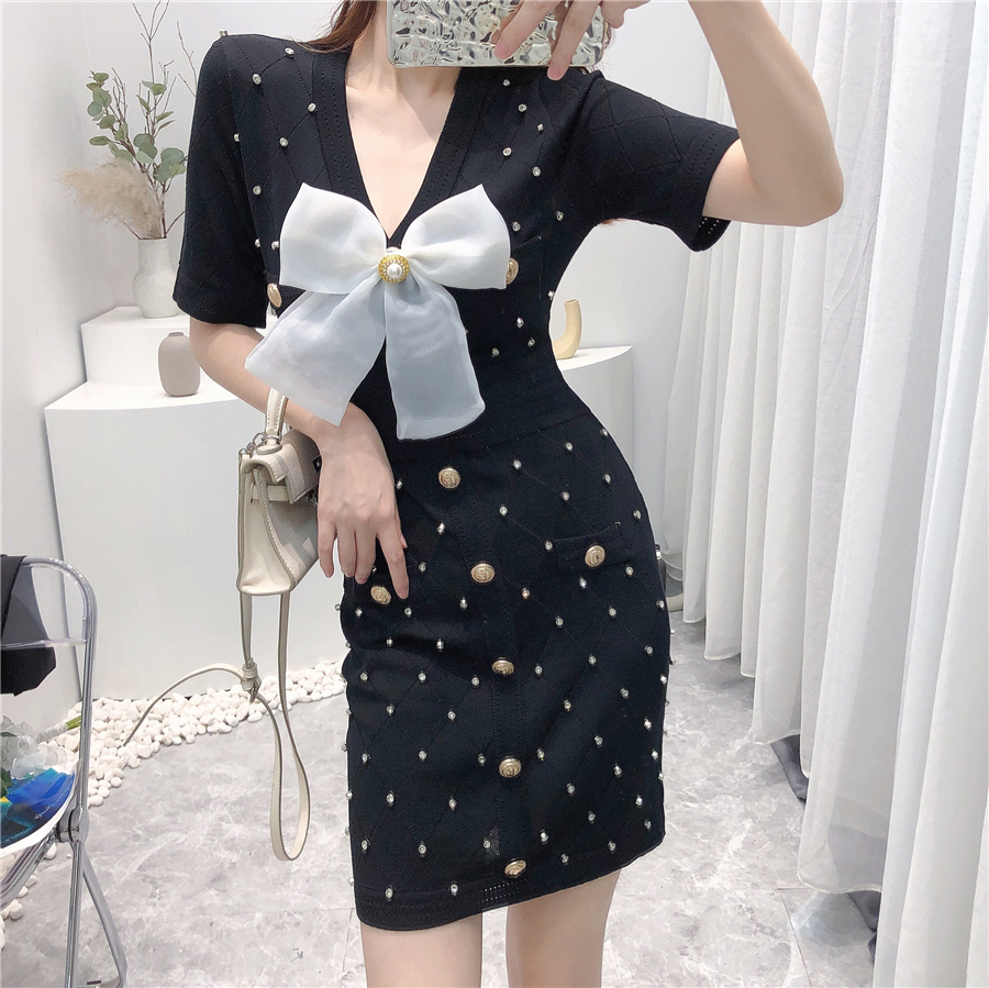 New design womens summer v-neck short sleeve bow patchwork cute sexy bodycon tunic rhinestone knitted sweater dress