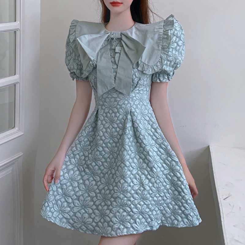 Arrival Summer Sweet Bowknot Big Lapel Jacquard Mini Dress Vintage Slim A-Line Party Vestido 210526, Photo color 
Arrival Summer Sweet Bowknot Big Lapel Jacquard Mini Dress Vintage Slim A-Line Party Vestido 210526, Photo color