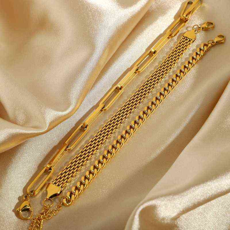Paperclip Chain Bracelet Gold Color Stainless Steel Rectangle Link Cable Dainty Women Girls Layering Jewelry 211124