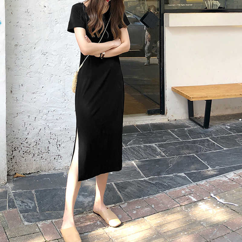 94% Cotton 6% Spandex Dress Casual Loose Short Sleeve O-Neck Split Out Women Dresses Plus Size Vestido Sales M30465 210630