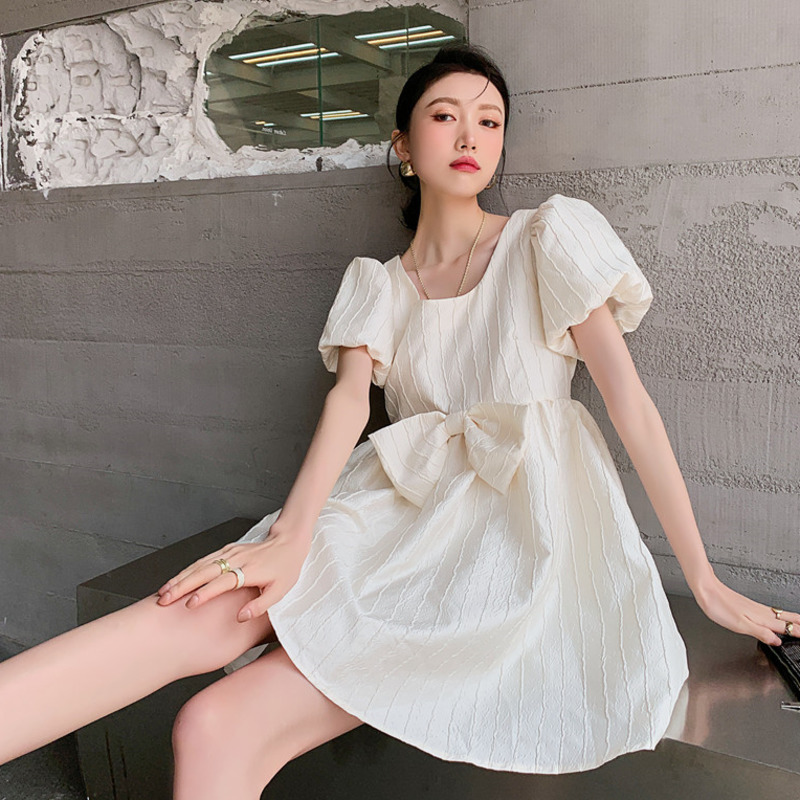 Women's Striped Bow Dress | Round Neck Puff Sleeve Casual Short Dresses