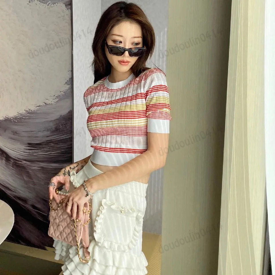 Women's Knits, quality embroidered classic striped top with high waist and half sleeves, worn outside, White
Women's Knits, quality embroidered classic striped top with high waist and half sleeves, worn outside, White