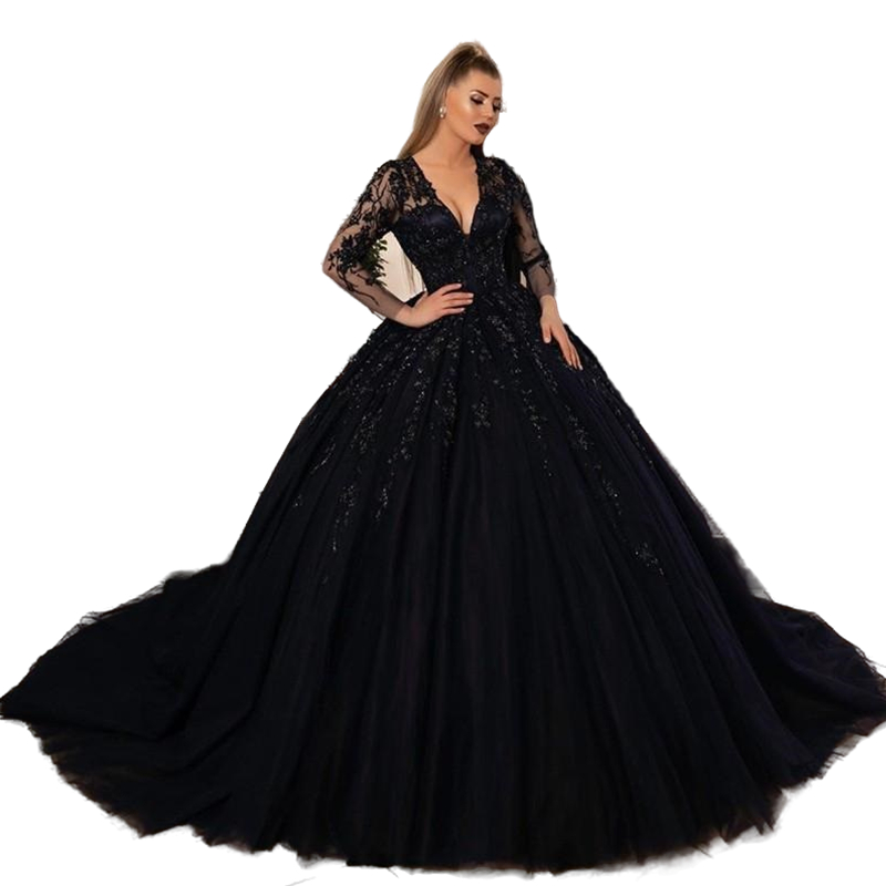Gothic Black Ball Gown Wedding Dresses V Neck Long Sleeves Lace Appliques Beaded Vintage Garden Bridal Dress Custom Made Keyhole Back Lace-Up Plus Siz