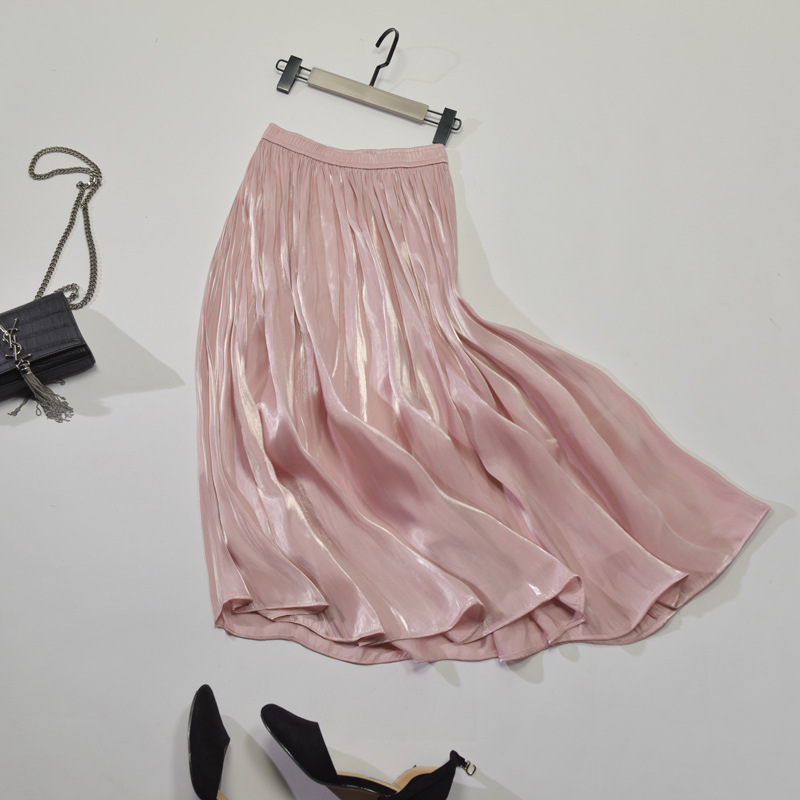 Silk Satin Skirt Long Woman Casual Women Skirt Pleated Korean Style Chiffon Beach Summer Skirts Womens With Elastic Waist 210309