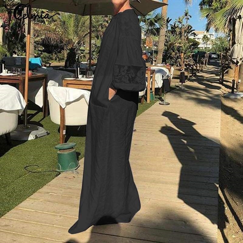 Celmia Women White Dress Summer Bohemian Casual Loose Lace Maxi Long Sundress Long Sleeve Shirt Party Vestidos Plus Size T200117