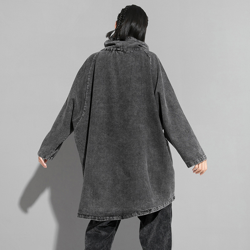 [EAM] Loose Fit Black Denim Oversized Sweatshirt New High Collar Long Sleeve Women Big Size Fashion Spring Autumn 1K166 201102