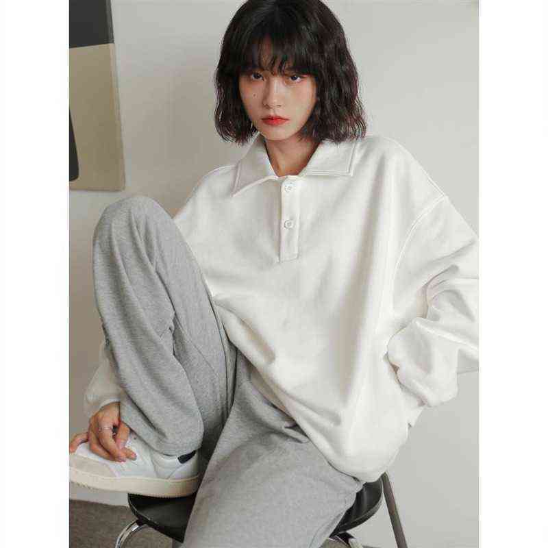 QWEEK Casual Polo Collar Hoodies Women Vintage Korean Style White Sweatshirt Long Sleeve Tops Harajuku Clothes School 211108