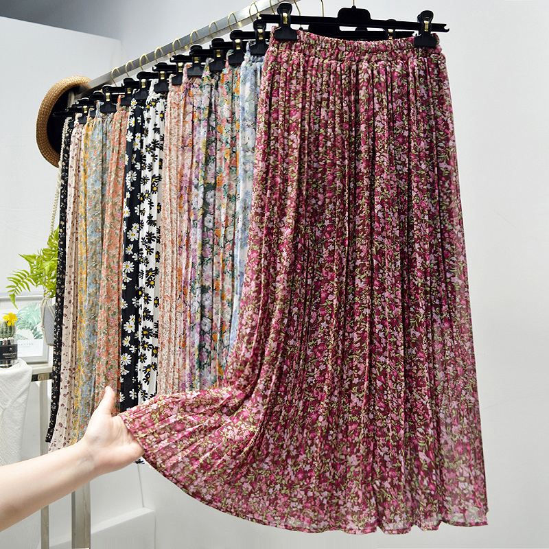 Summer Skirts Womens New Vintage Floral Print Chiffon Pleated Skirt Elastic High Waist Casual Midi Skirt Women Clothes Jupe 210309