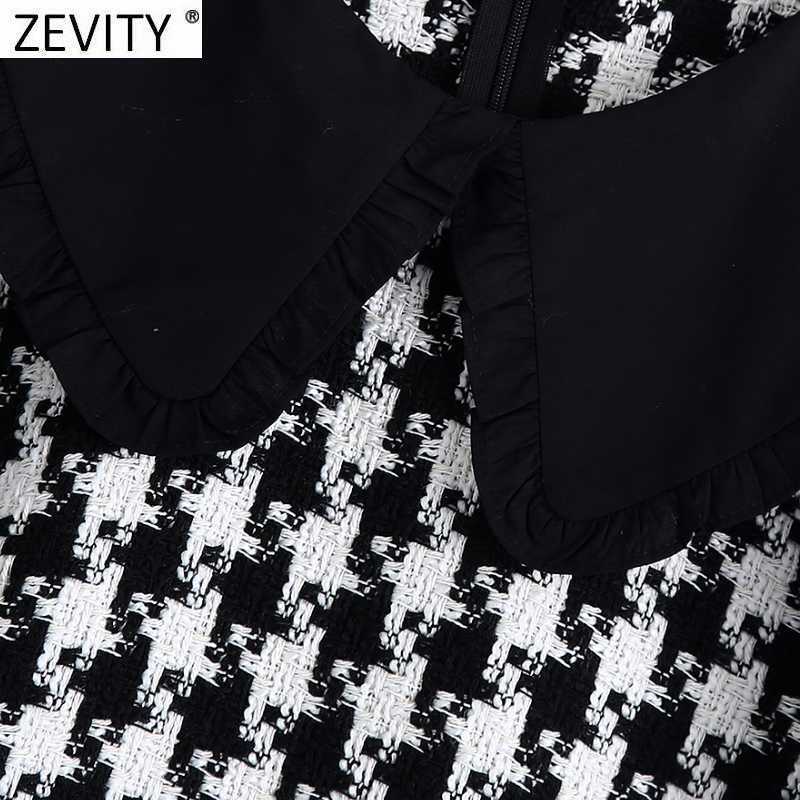 Zevity Women O Neck Puff Sleeve Patchwork Houndstooth Casual Smock Shirts Ladies Roupas Femininas Short Blouses Tops LS7351 210603