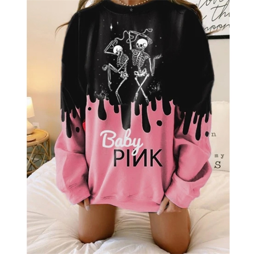 Black Pink Graffiti Funny Skull Print Naughty Girls Oversized Hoodie Sweatshirt Women Autumn Fashion Loose Casual Pullovers 201216