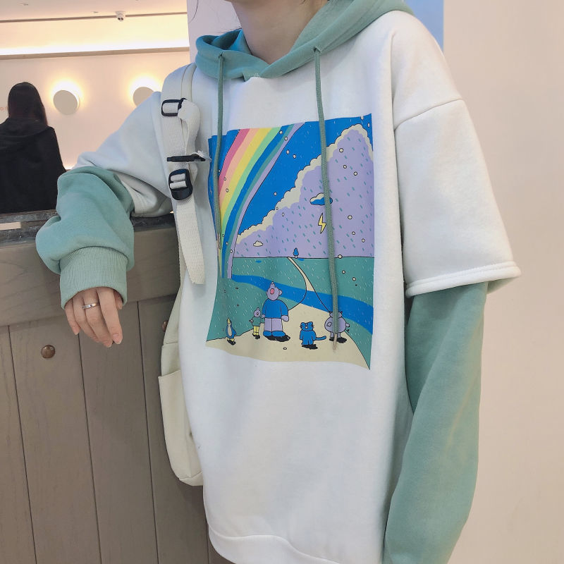 oversized Hoodies Women Printed Patchwork Hoody Simple Thicker Loose Simple Korean Style Drawstring Womens Streetwear Hoodie 201102
