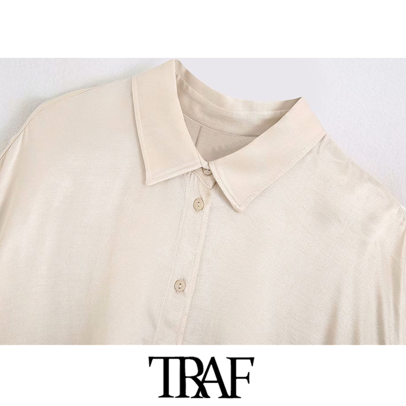 TRAF Women Fashion Button-up Loose Cropped Blouses Vintage Short Sleeve Cozy Female Shirts Blusas Chic Tops 210225