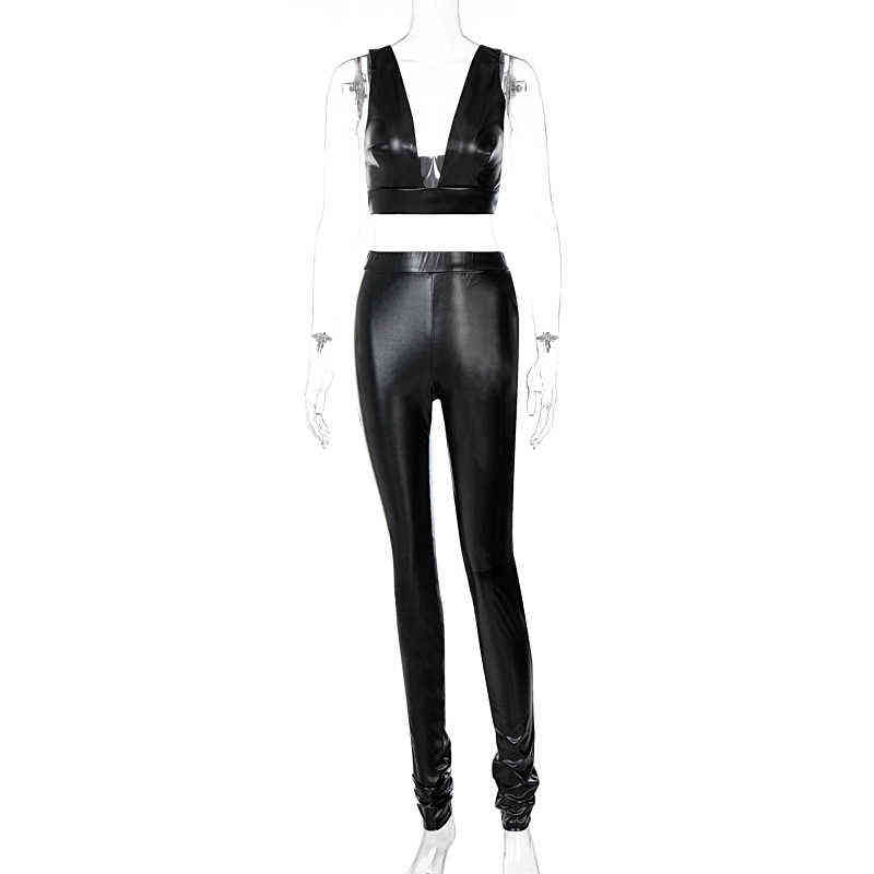 Faux Leather Two Piece Suits Women Clubwear Sleeveless Low Cut Crop Tank Top High Waist PU Leggings Sets Lady Black 211105