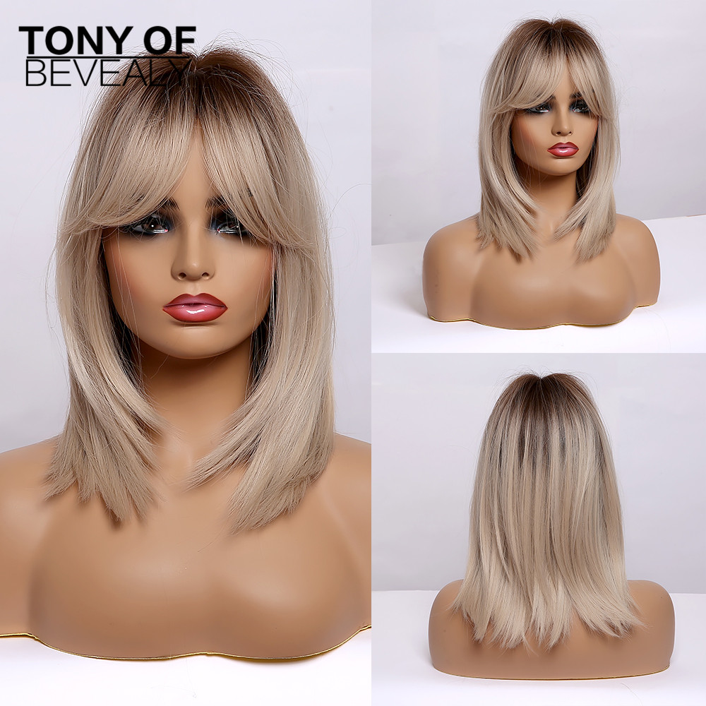 Synthetic Length Ombre Brown to Blonde Straight Hair Wigs with Bangs Synthetic Wigs for Women Cosplay Heat Resistant Natural Wigs