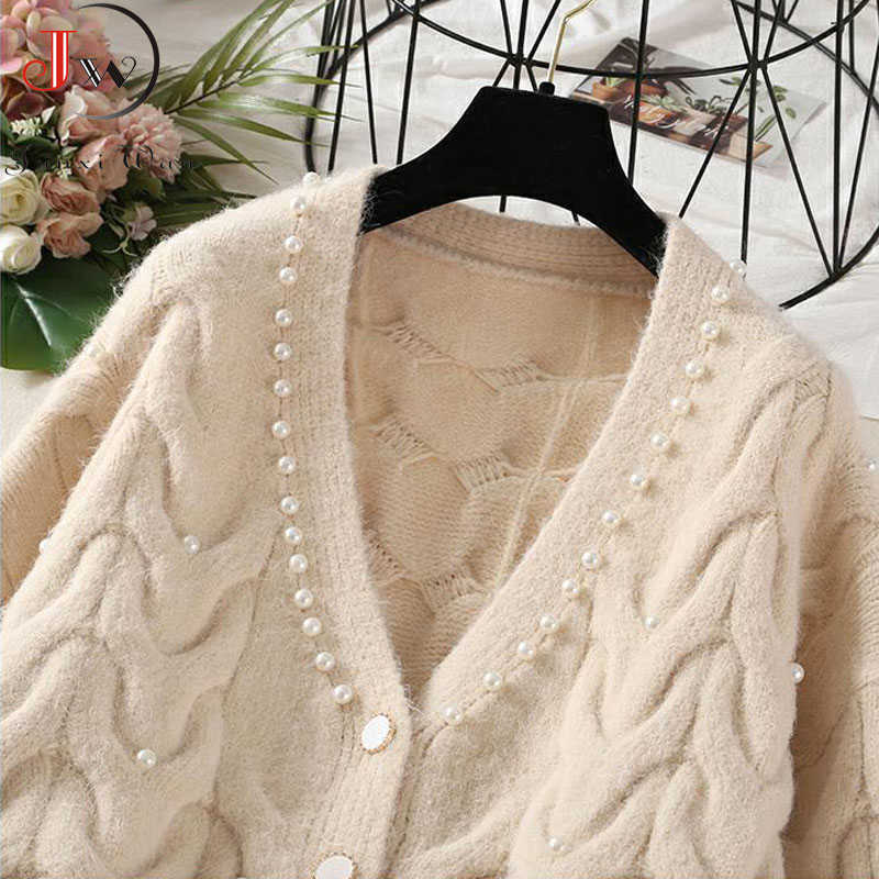 Cardigans Women Knitted Sweater Autumn Winter Long Sleeve V neck Jumper Fashion Sweet Beaded Cardigans Casual Streetwear Sweater 210918