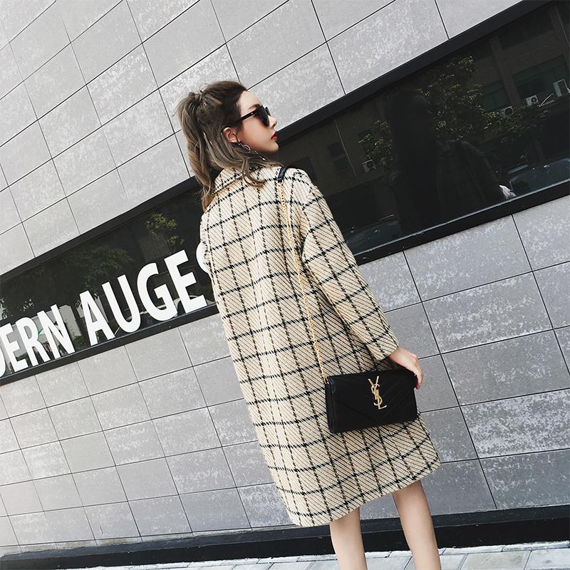 Women Blend Coat Loose Double Breasted Notch Collar Plaid Khaki Houndtooth Pocket Button