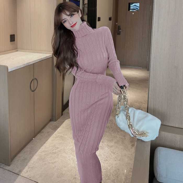 WOMENGAGA Autumn Winter Korean Turtleneck Knitted Long Sleeves Knitting Tops Striped Fold Dress Dresses Robe B2IA 210603