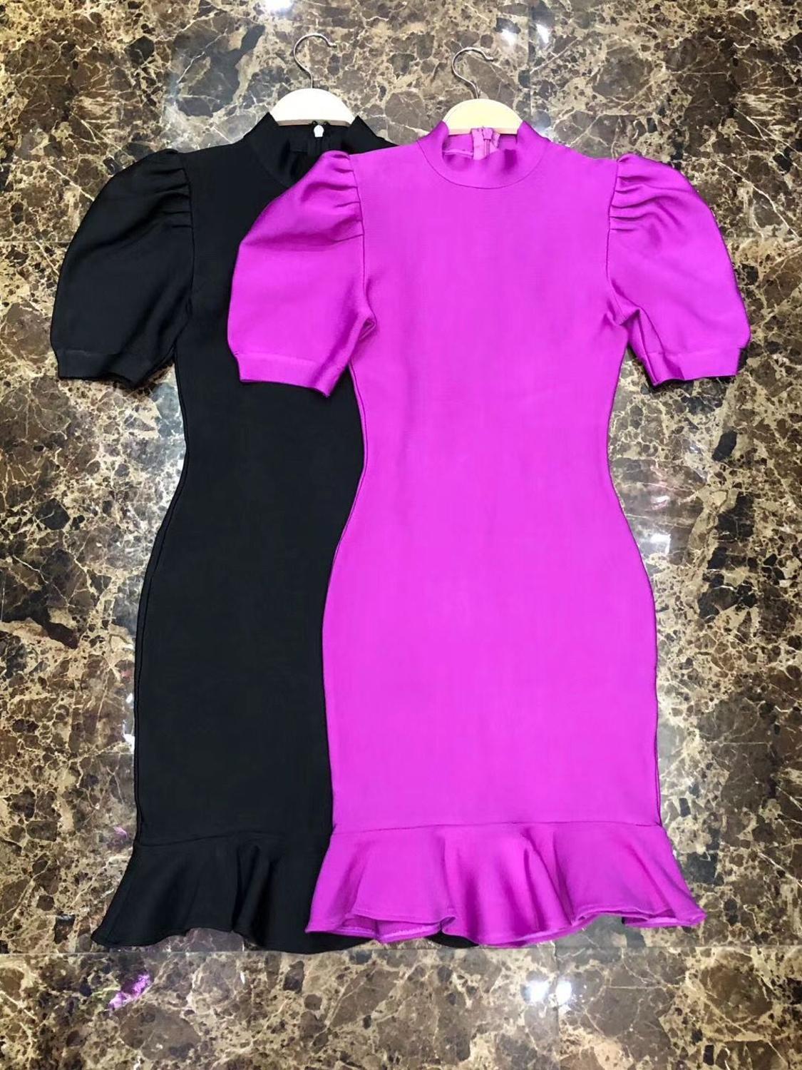 High Quality Black Purple Short Sleeve Ruffles Rayon Bandage Dress Elegant Club Party Dress Vestidos 210309
