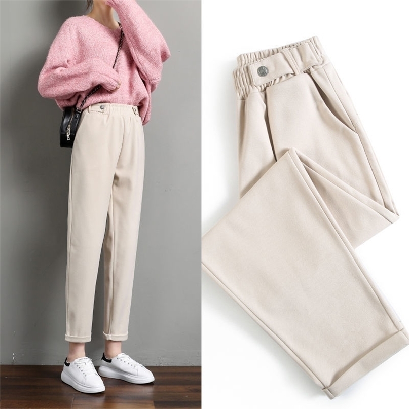 Women Woolen Pants Autumn Winter Casual Solid Elastic Waist Harem pants full length Trousers S-XXL 211115