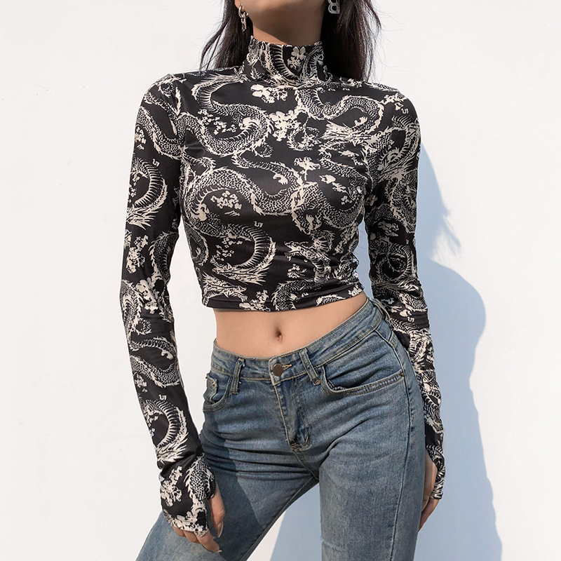 Goth Dragon Print Y2k Femme Turtleneck Women's T-Shirts Clothing Gothic Aesthetic Crop Top Harajuku Skinny Long Sleeve Tee 210302
