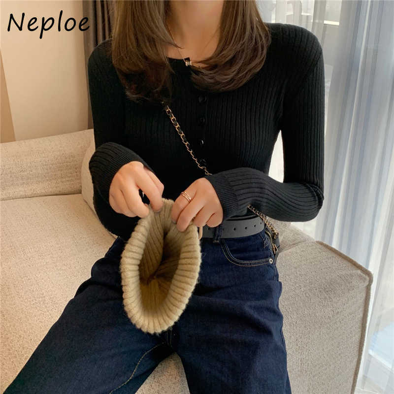 Neploe Korean Style Autumn Winter Sweater Women O Neck Long Sleeve Button Elasticity Jumper Elegant Slim Knitting Tops 210908